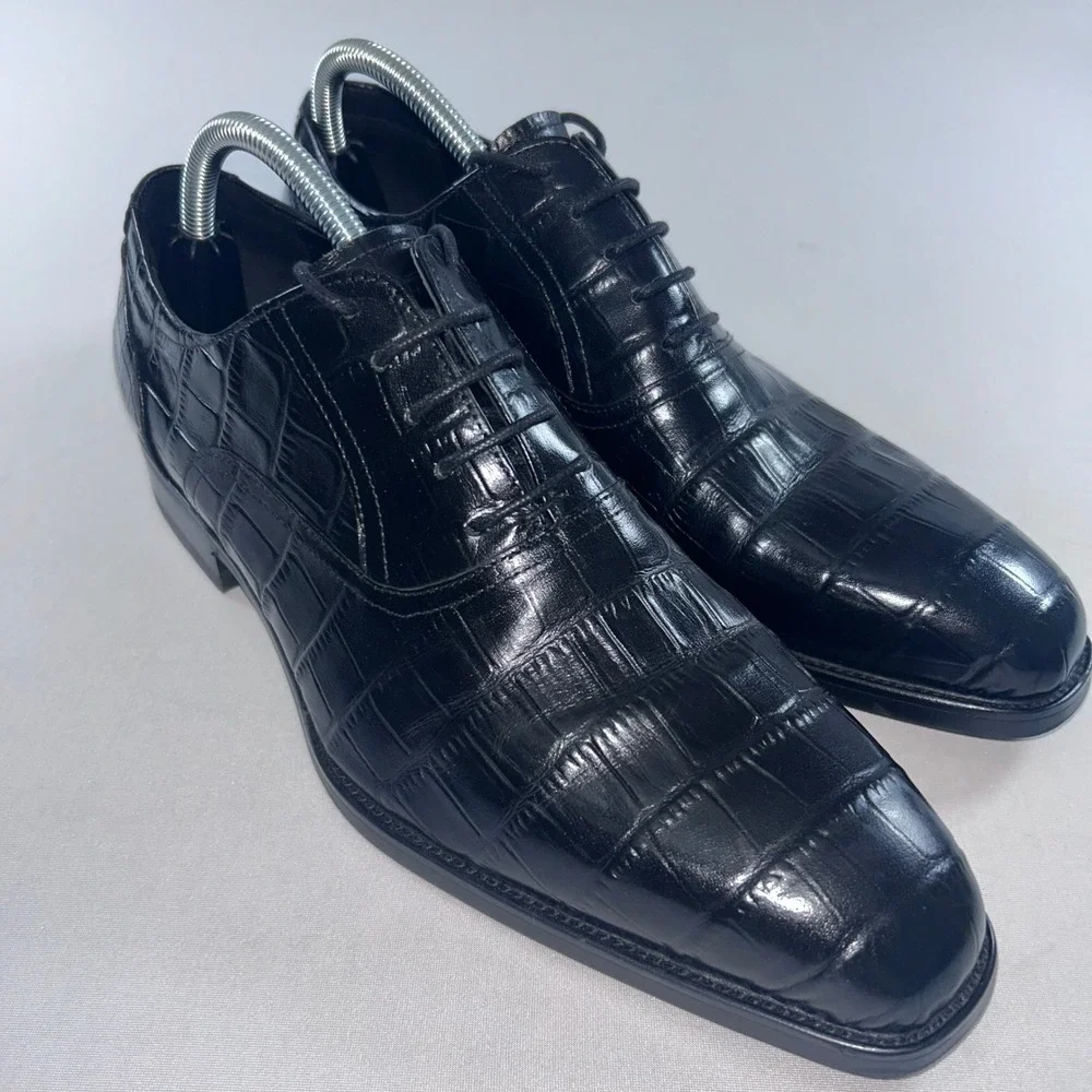 Grimentin Oxford Dress Shoes Men 42 Black Alligator Embossed Square Toe 141-802